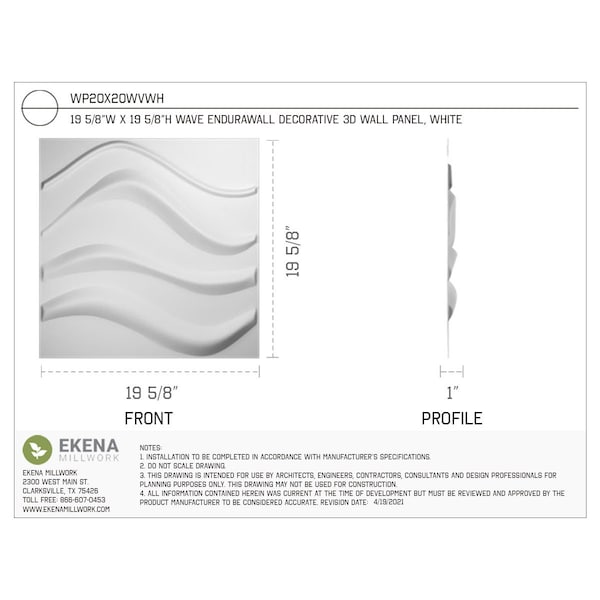 Wave EnduraWall Decorative 3D Wall Panel, White, 19 5/8W X 19 5/8H